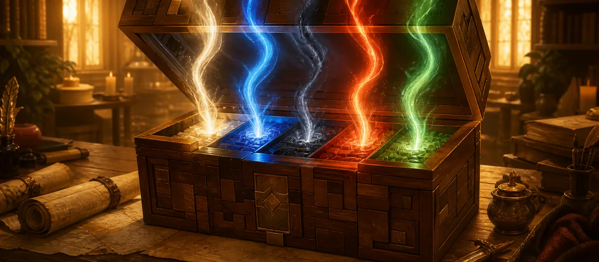 A wooden cube chest opening onto five balanced streams of magical light