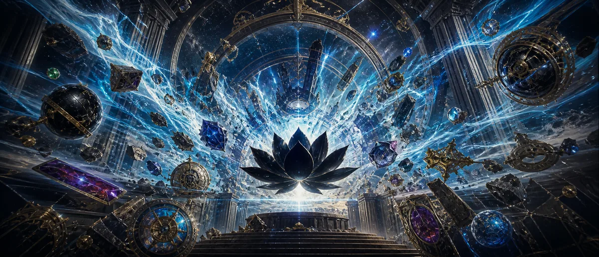 An ancient cosmic vault erupting with impossible artifacts and time magic