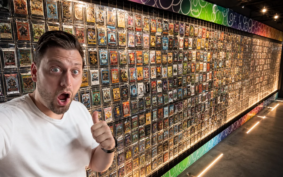 A very long wall covered with mystery booster packs.