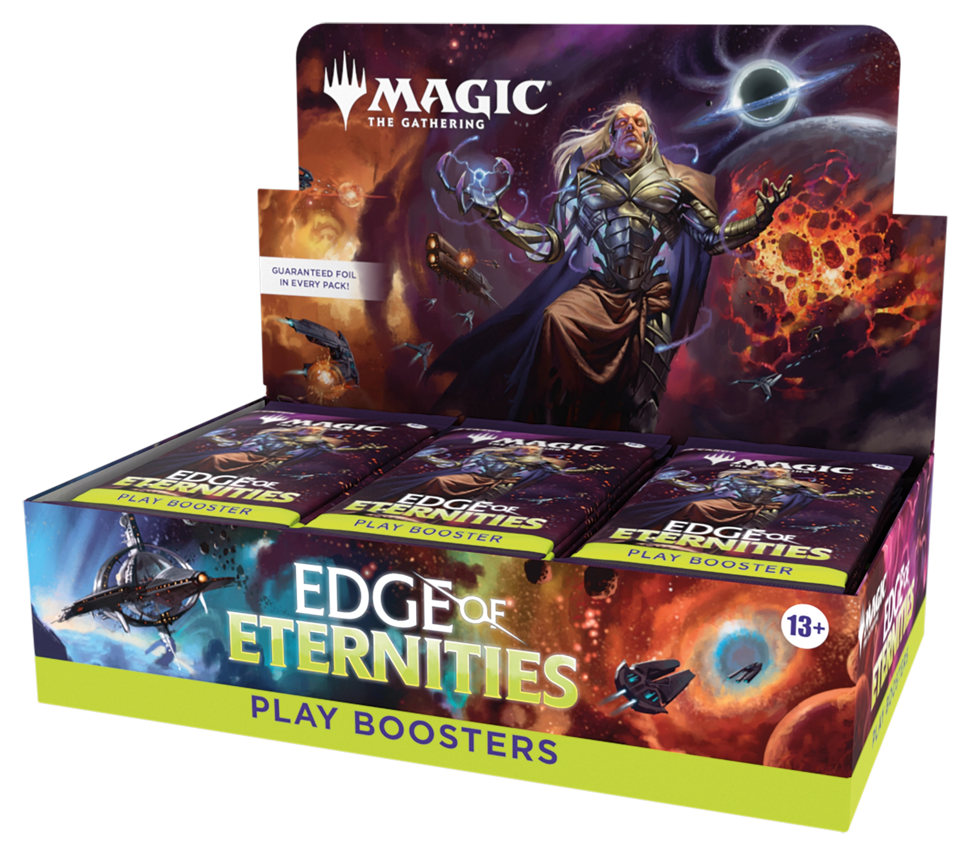Edge of Eternities Play Booster display with three booster wrappers